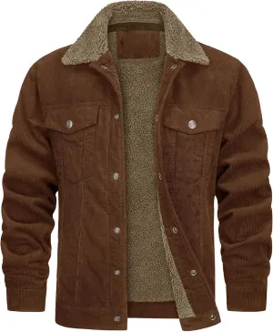 JEsilunmaMY Men's Button Down Corduroy Jacket Long Sleeve Sherpa Lined Trucker Jacket Casual Cotton Cargo Warm Winter Jacket