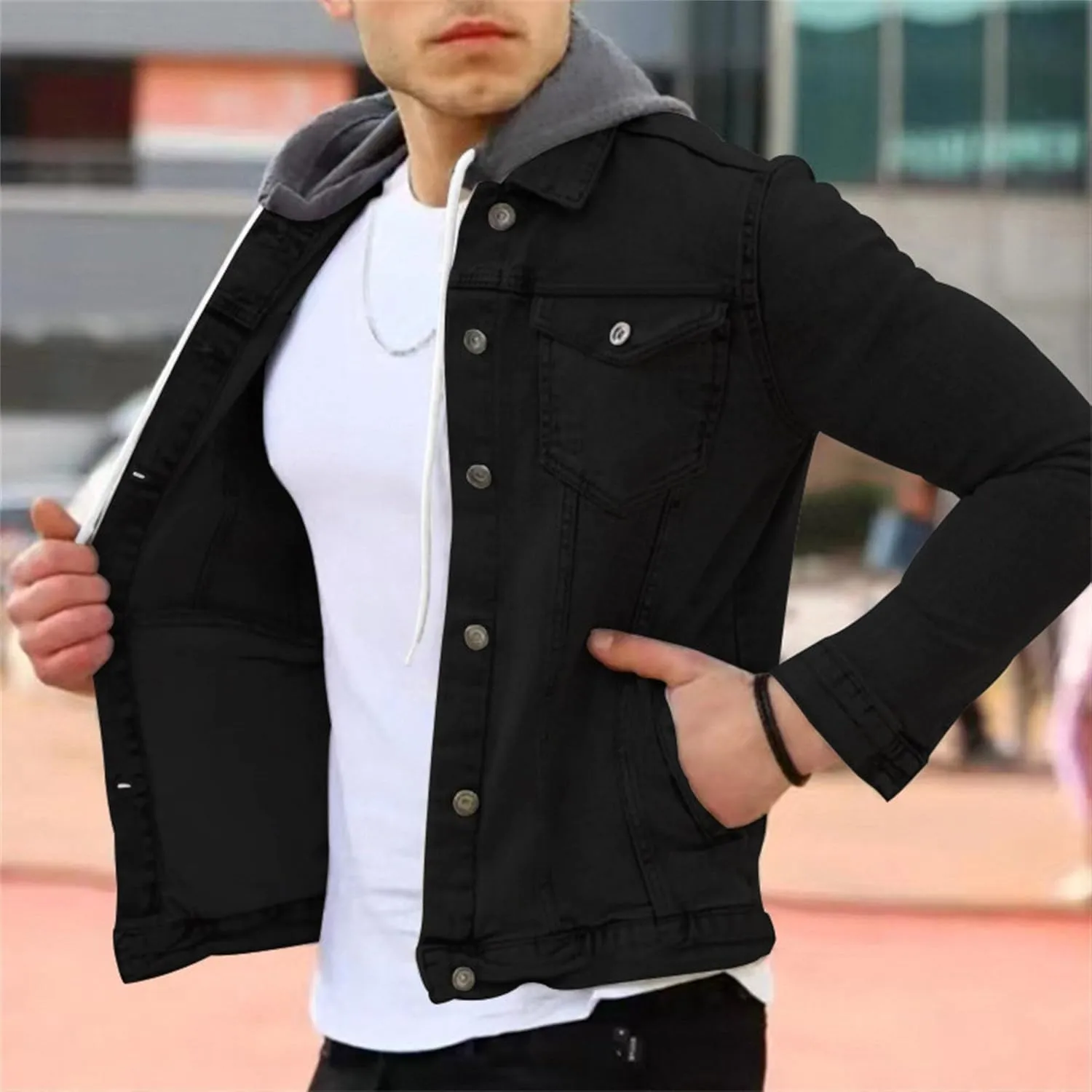 JEsilunmaMY Men's Button Down Hoodie Casual Jackets Long Sleeve Slim Fit Baseball Coat Solid Color Cotton Sport Jacket