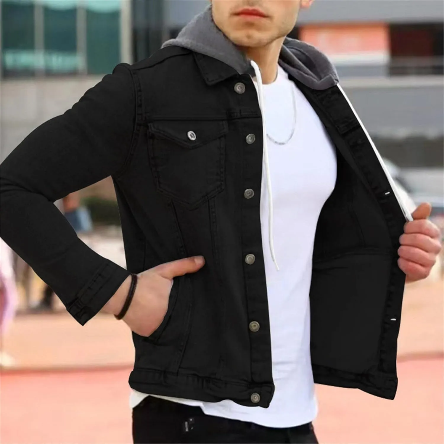 JEsilunmaMY Men's Button Down Hoodie Casual Jackets Long Sleeve Slim Fit Baseball Coat Solid Color Cotton Sport Jacket