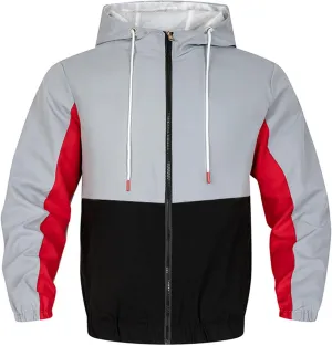 JEsilunmaMY Men's Color Block Casual Bomber Jacket Long Sleeve Lightweight Hooded Sportswear Zip Up Winter Warm Windbreaker