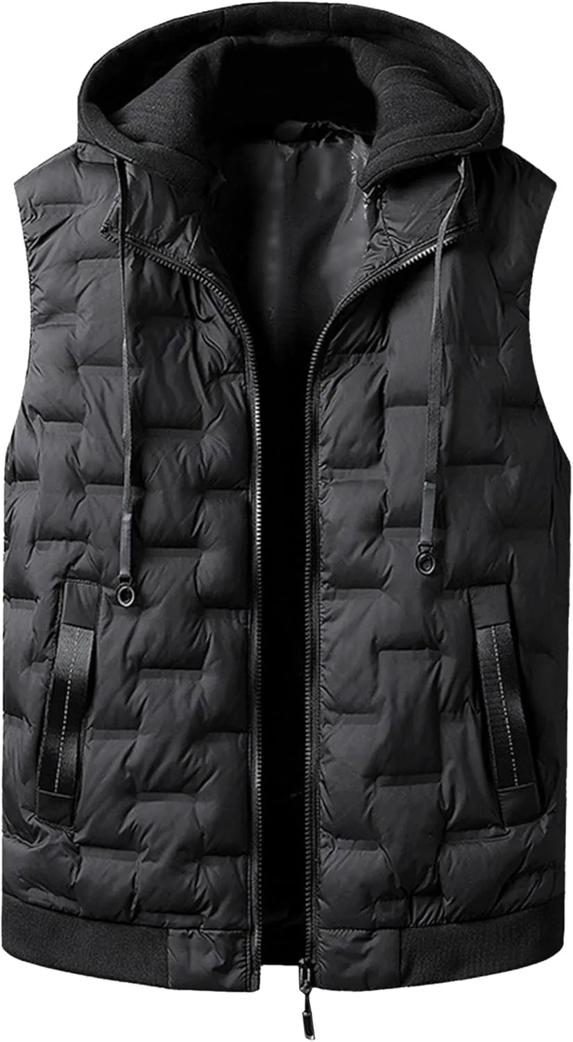 JEsilunmaMY Men's Quilted Puffer Vest with Detachable Hood Sleeveless Warm Winter Down Vest Casual Knit Padded Vest Coats