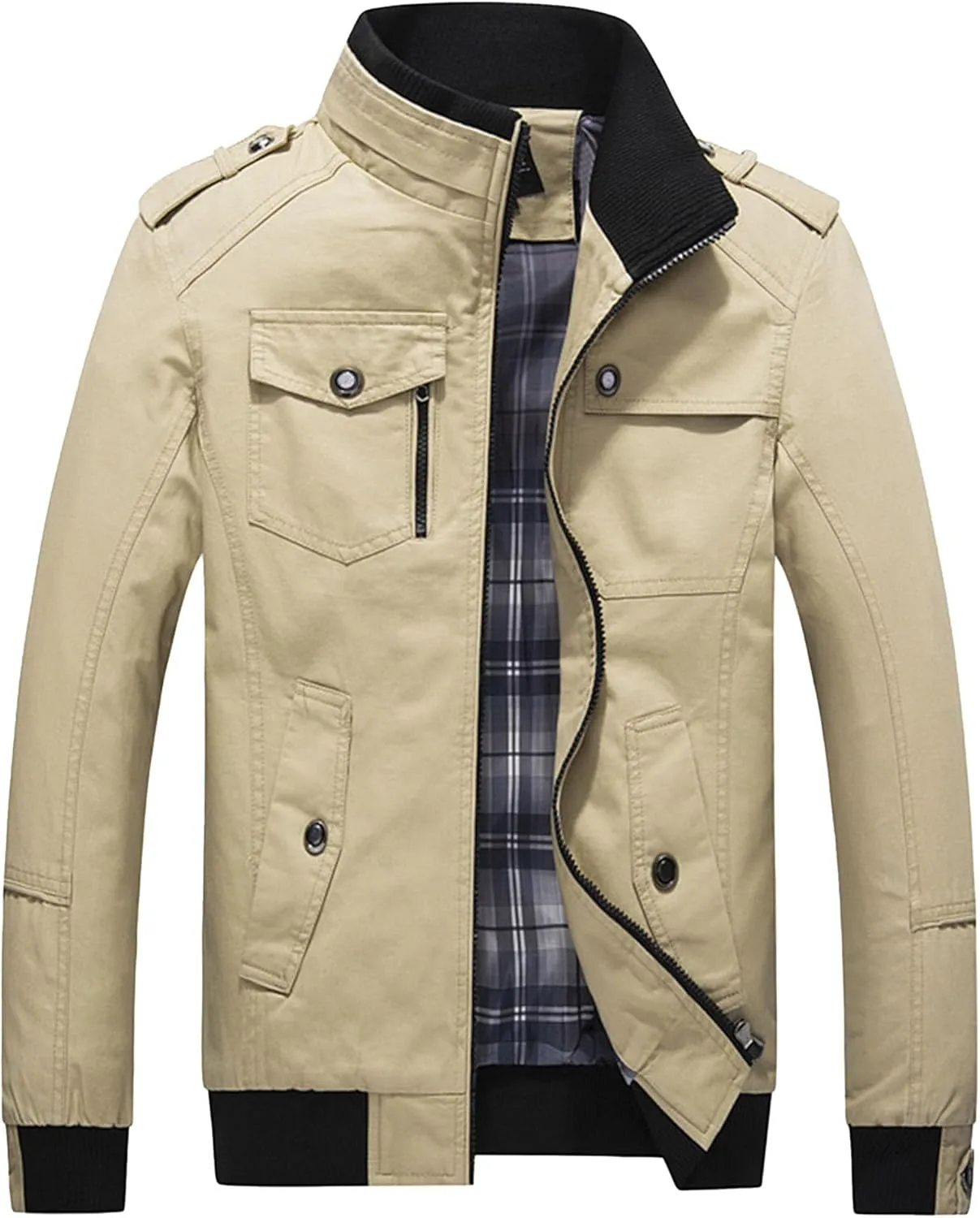 JEsilunmaMY Men's Stand Collar Cotton Cargo Jacket Full Zip Casual Loose Trench Coats Windproof Windbreaker with Multi-Pocket