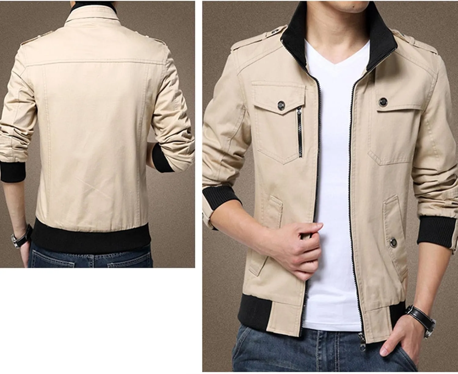 JEsilunmaMY Men's Stand Collar Cotton Cargo Jacket Full Zip Casual Loose Trench Coats Windproof Windbreaker with Multi-Pocket