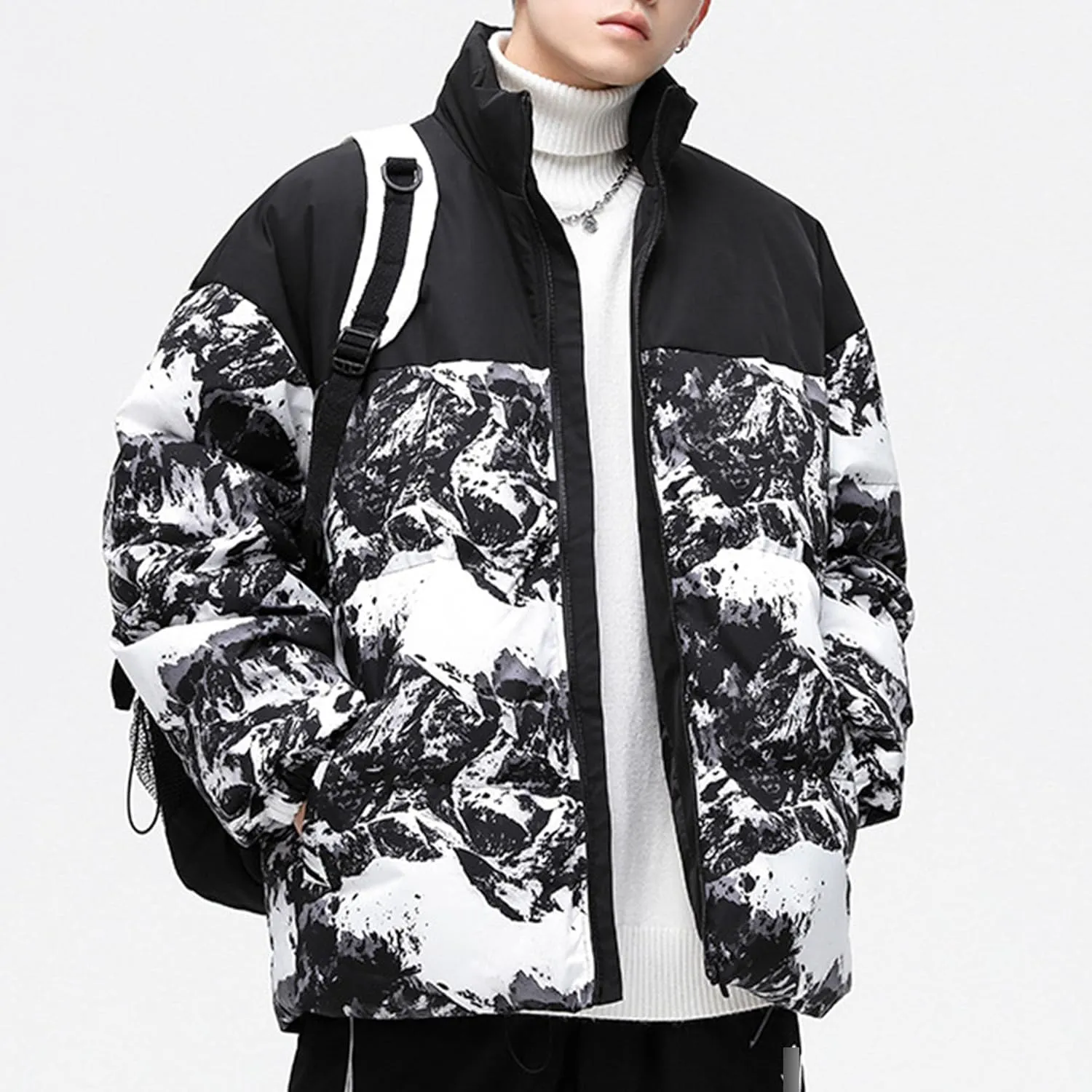 JEsilunmaMY Men's Windproof Printed Padded Jacket Stand Collar Thicken Puffer Quilted Jacket Thermal Warm Winter Coats