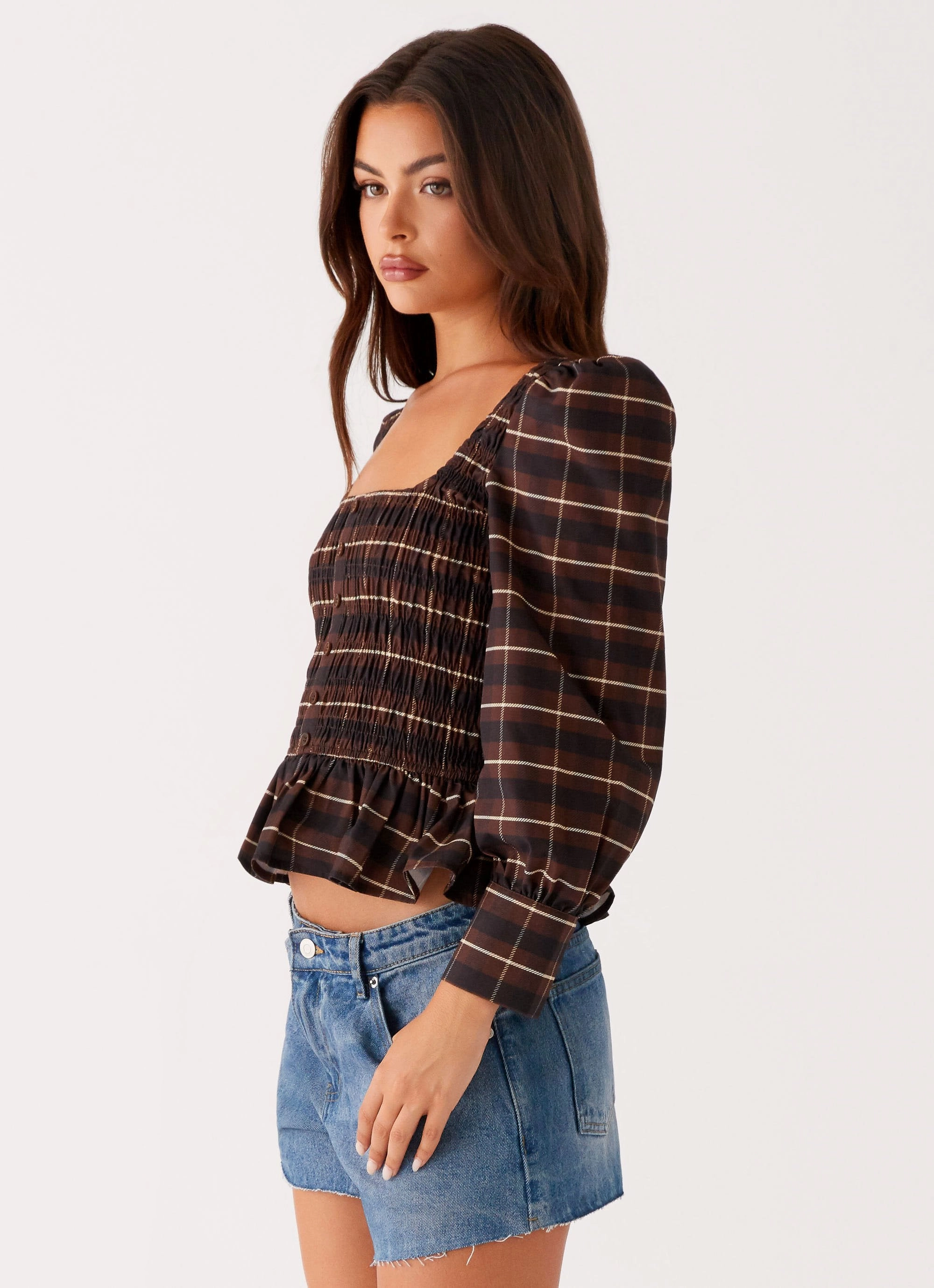 Joyce Long Sleeve Shirred Top - Chocolate Check Brushed Interior Drop Shoulder