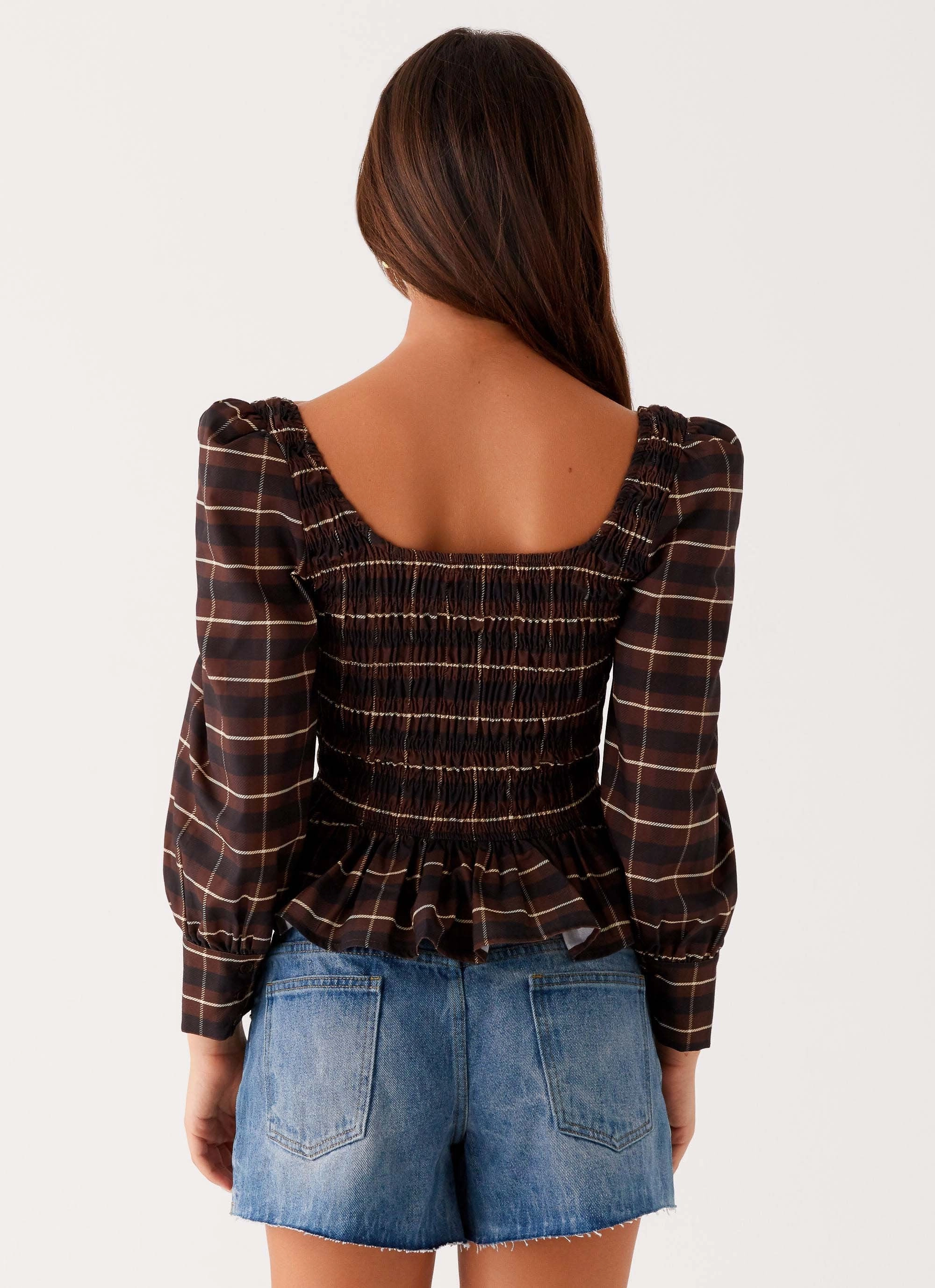 Joyce Long Sleeve Shirred Top - Chocolate Check OrganicCottonBlend