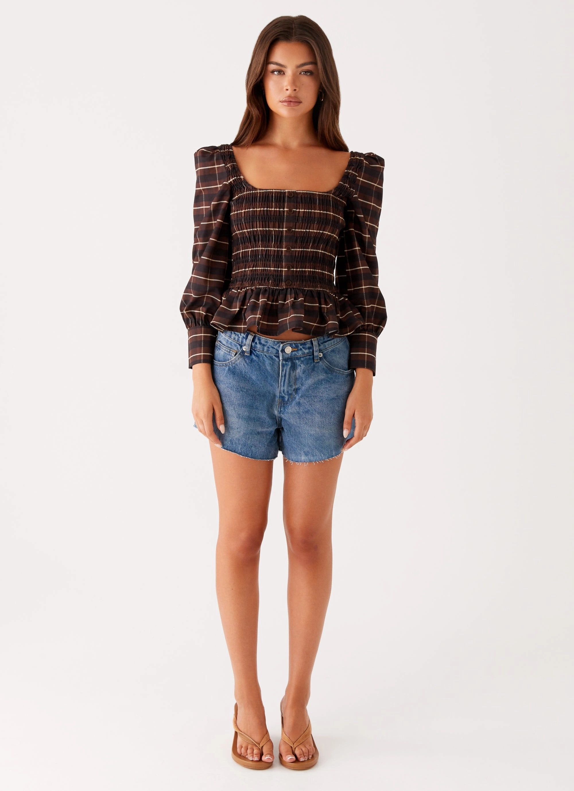 Non Slip Shoulder Seams Joyce Long Sleeve Shirred Top - Chocolate Check