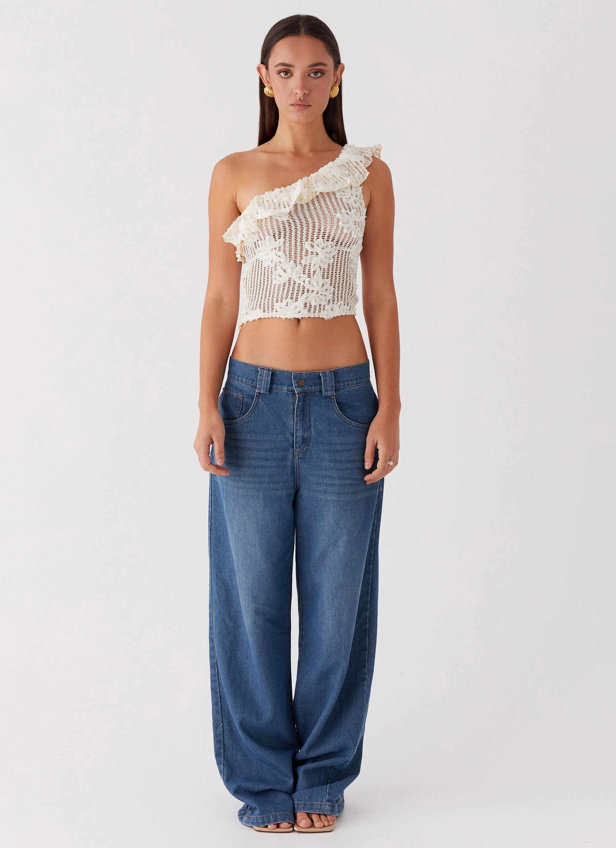 Juilette One Shoulder Top - Ivory Ribbed Collar Design Comfortable Layer