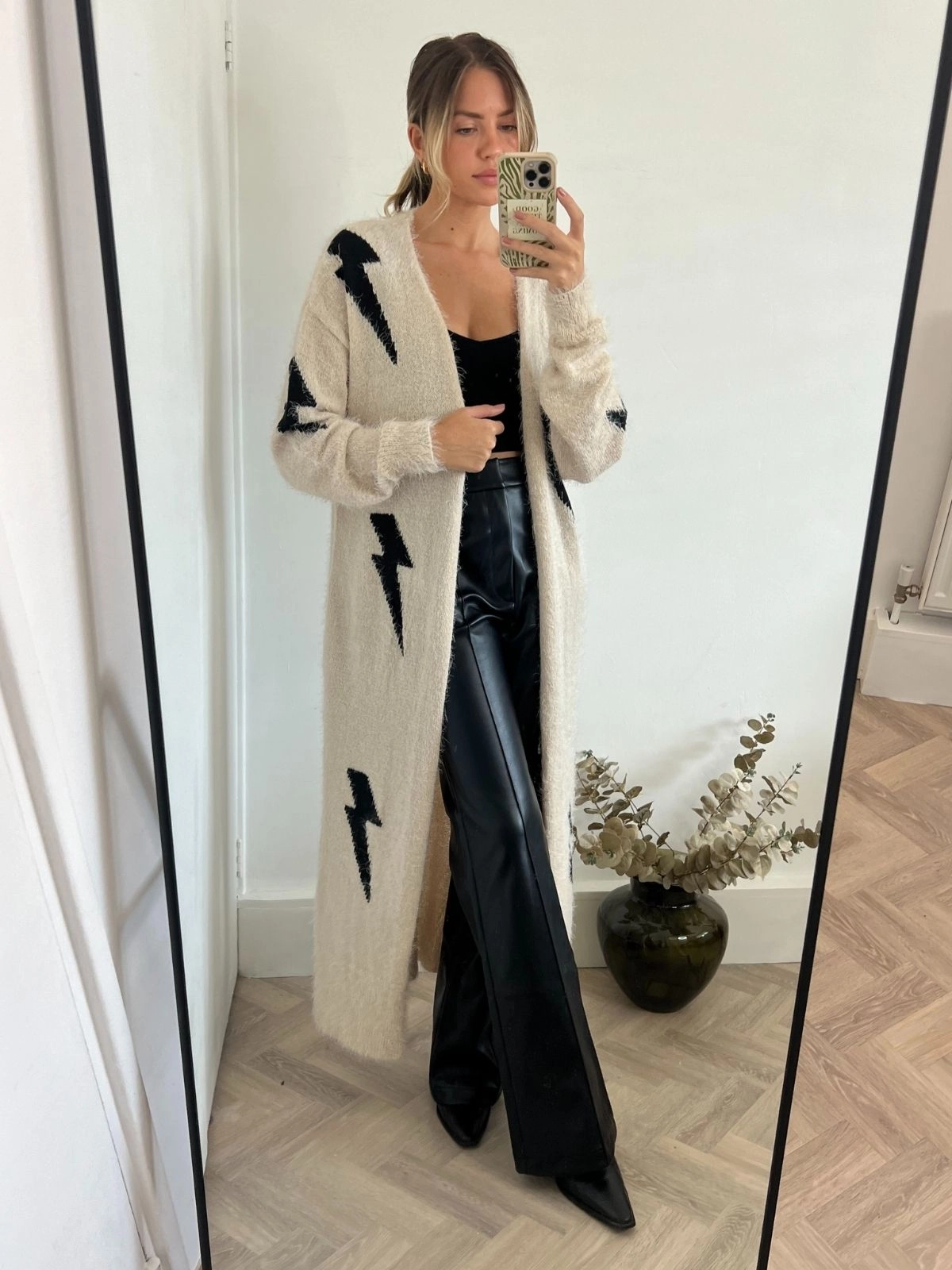 Wicking Inner Lining Kaia Lightning Print Long Cardigan / Stone