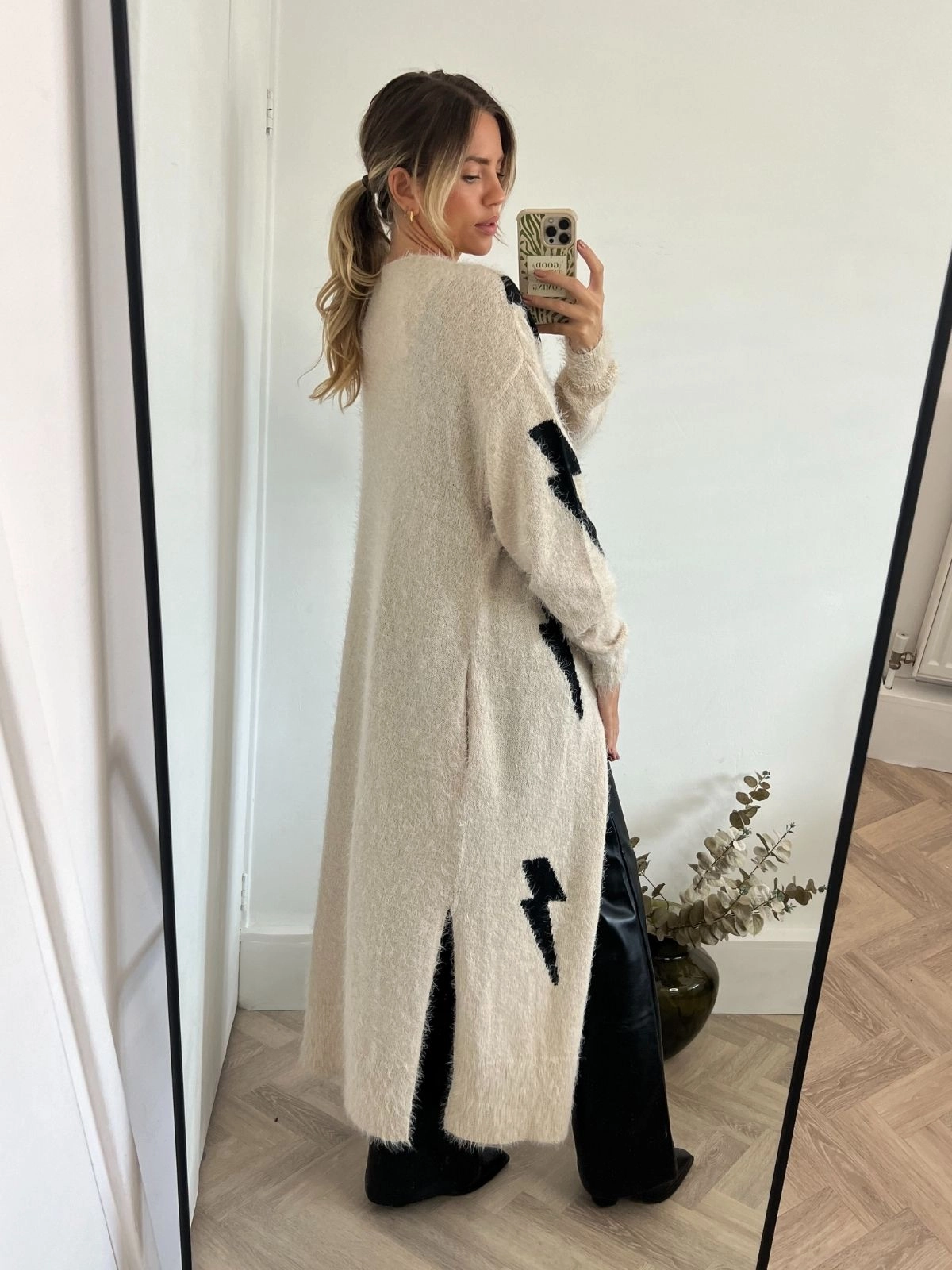 Kaia Lightning Print Long Cardigan / Stone High Density Weave