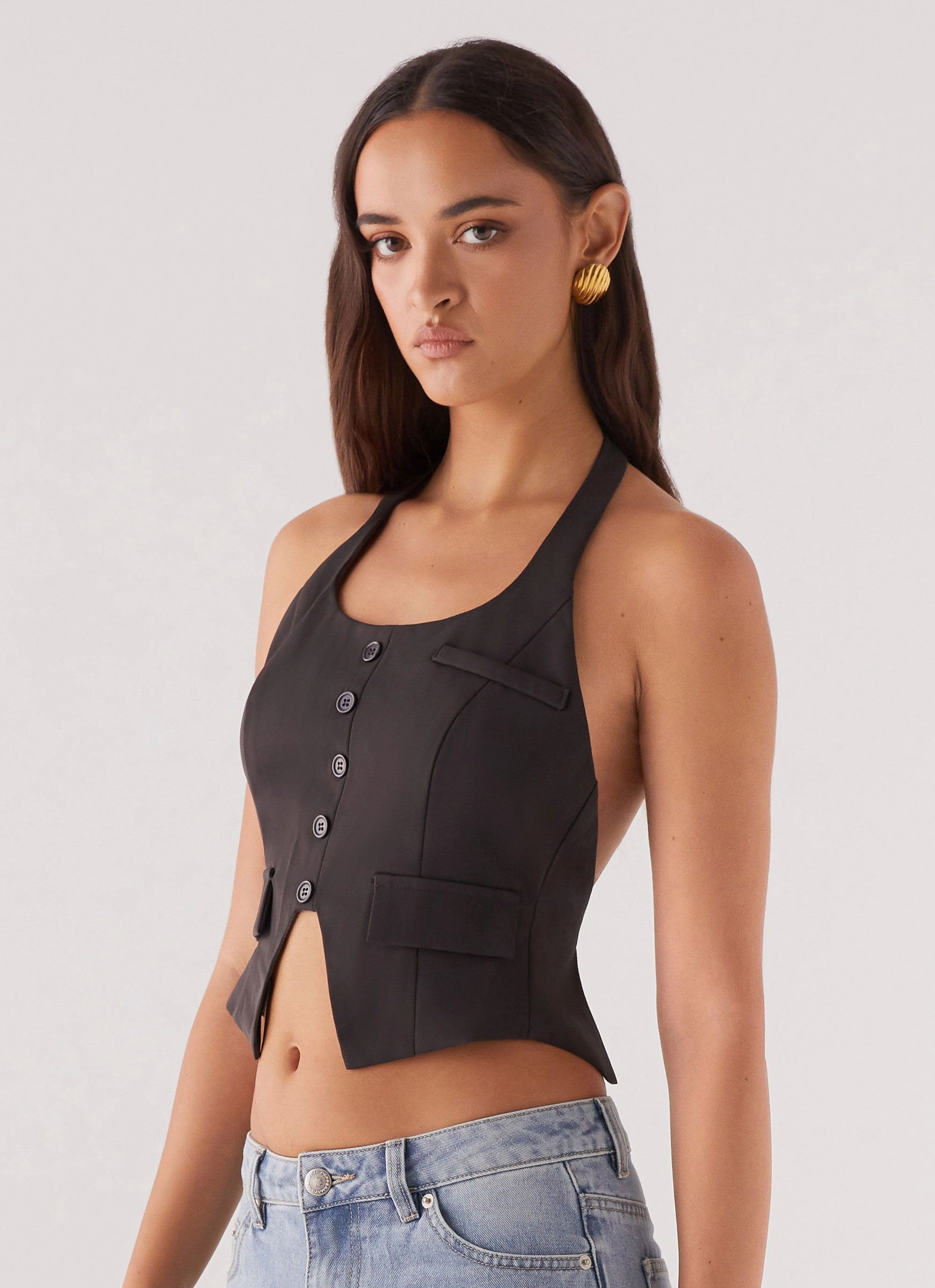 Double Chest Pocket Kendra Backless Vest - Black
