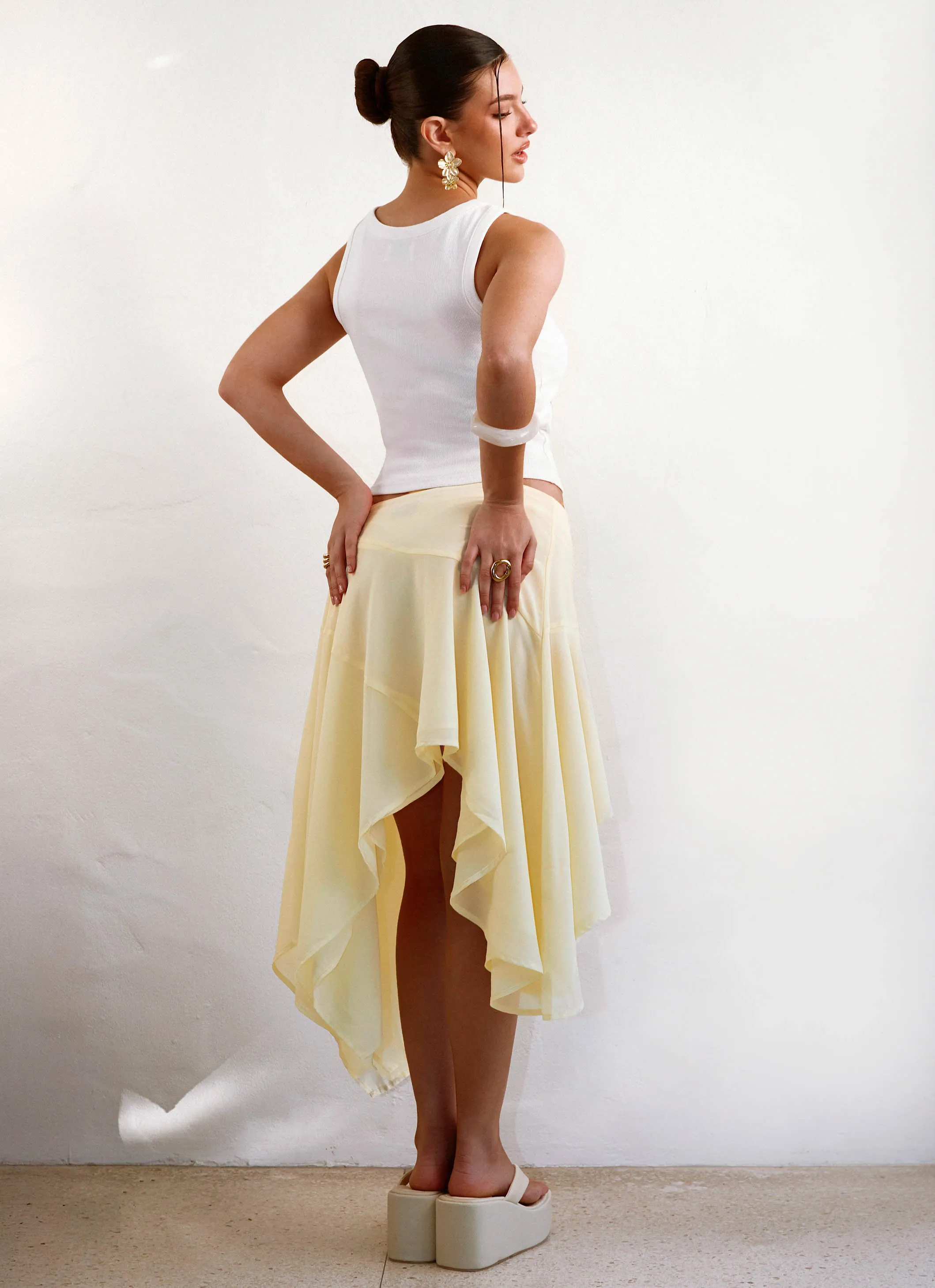 Kia Low Rise Asymmetrical Midi Skirt - Yellow Stylist Pick Tonal Layering
