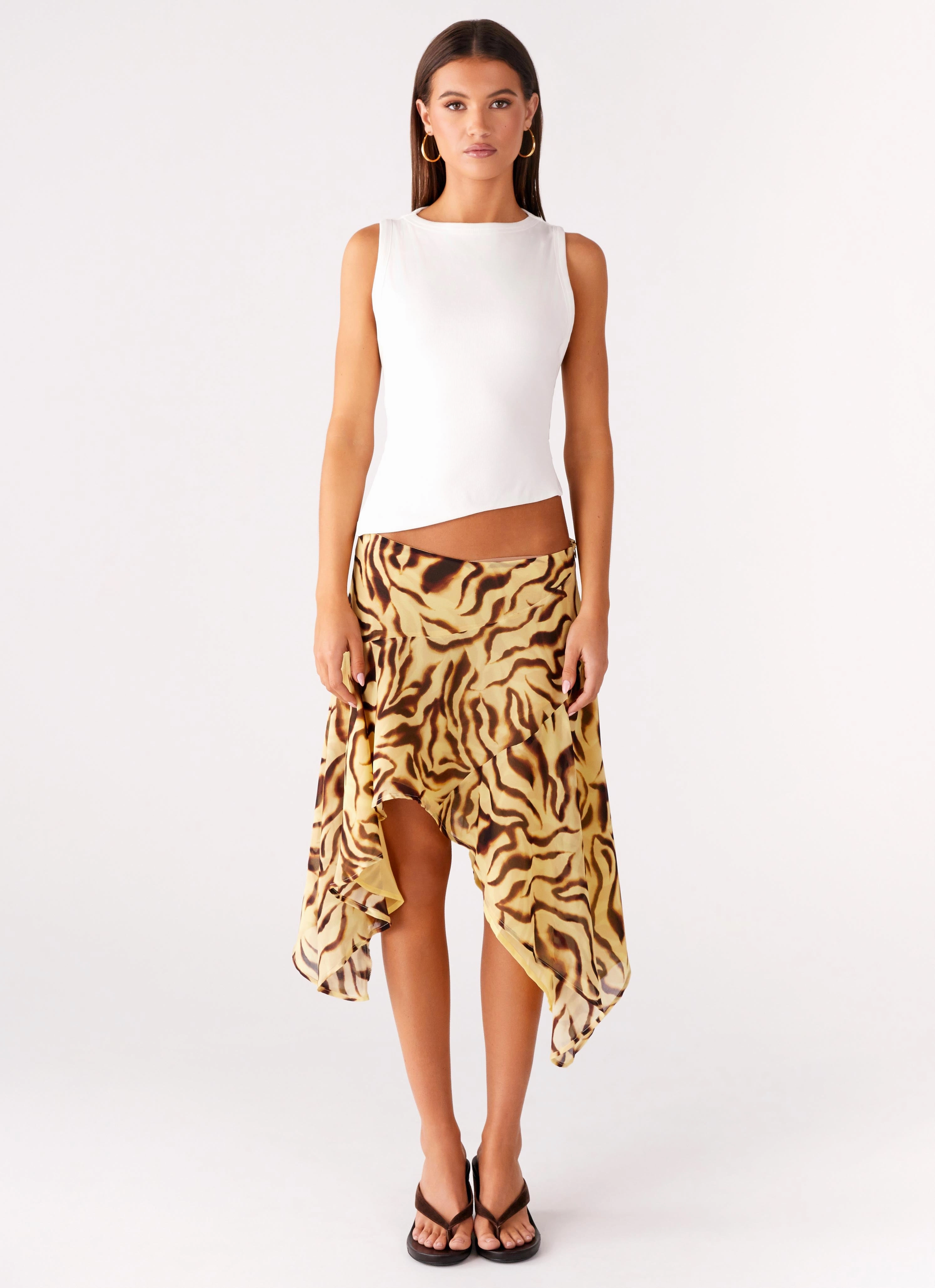 Kia Low Rise Asymmetrical Midi Skirt - Laguna Print Versatile Wearable