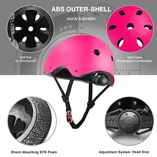 Kids Biking, Cycling, Sports Protective Gear Pads set w/Adjustable Helmet, Knee Pads, Elbow & Wrist Pads, Rose