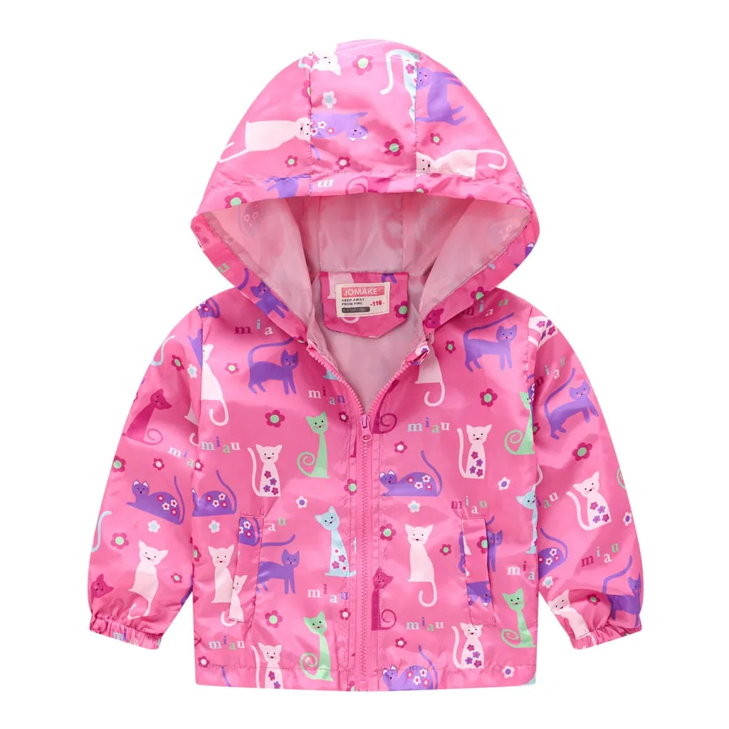 Kids Girls Colorful Cartoon Prints Windproof Hooded Jackets