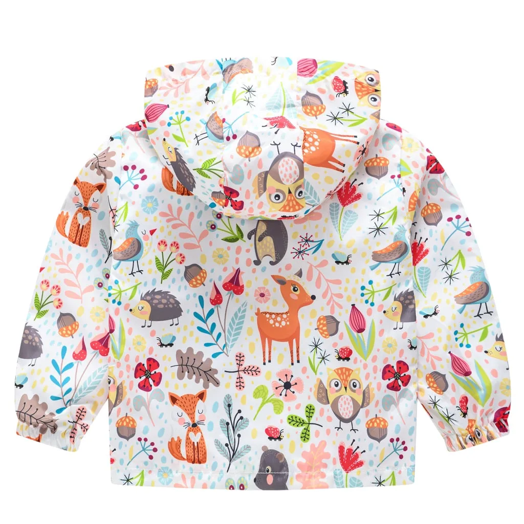 Kids Girls Colorful Cartoon Prints Windproof Hooded Jackets