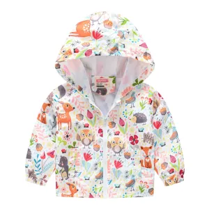 Kids Girls Colorful Cartoon Prints Windproof Hooded Jackets