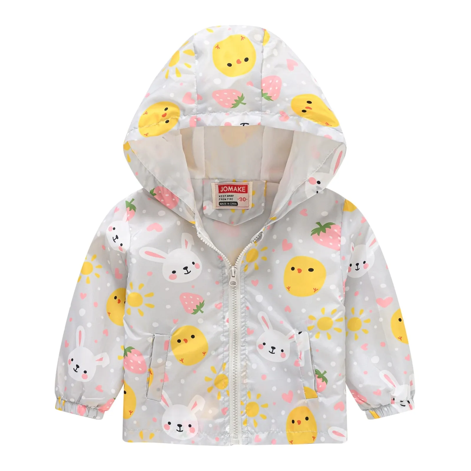Kids Girls Colorful Cartoon Prints Windproof Hooded Jackets