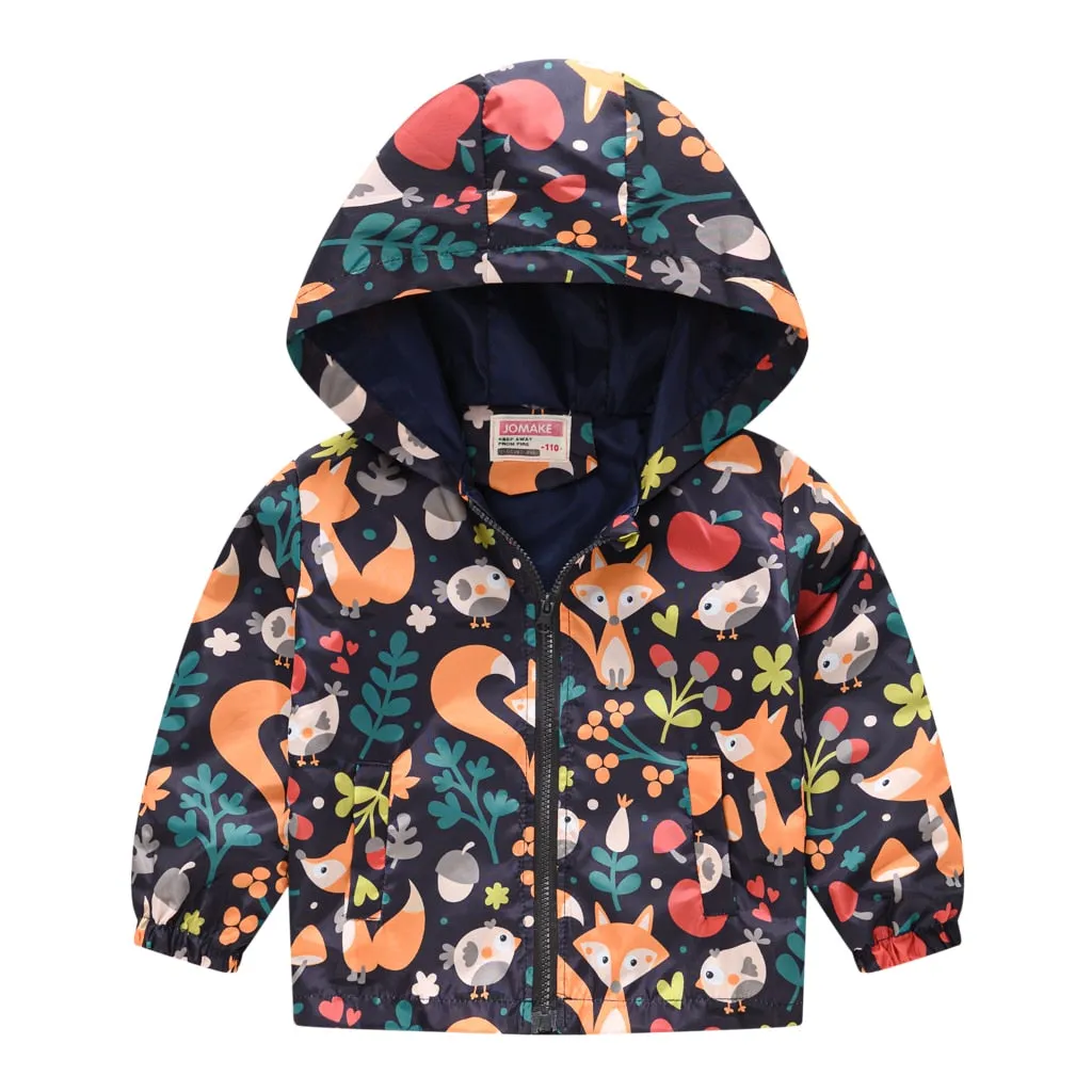 Kids Girls Colorful Cartoon Prints Windproof Hooded Jackets