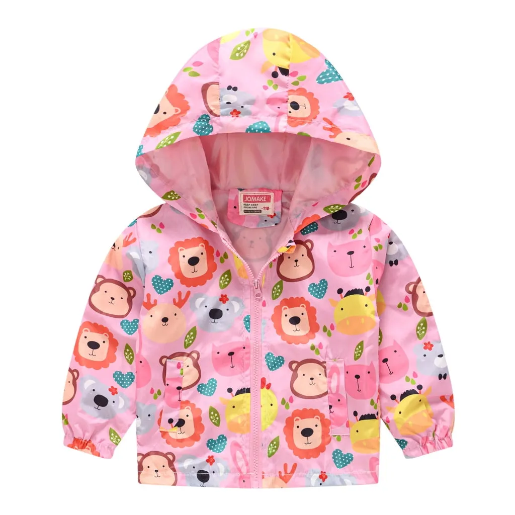 Kids Girls Colorful Cartoon Prints Windproof Hooded Jackets