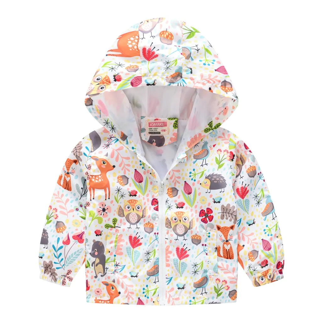 Kids Girls Colorful Cartoon Prints Windproof Hooded Jackets