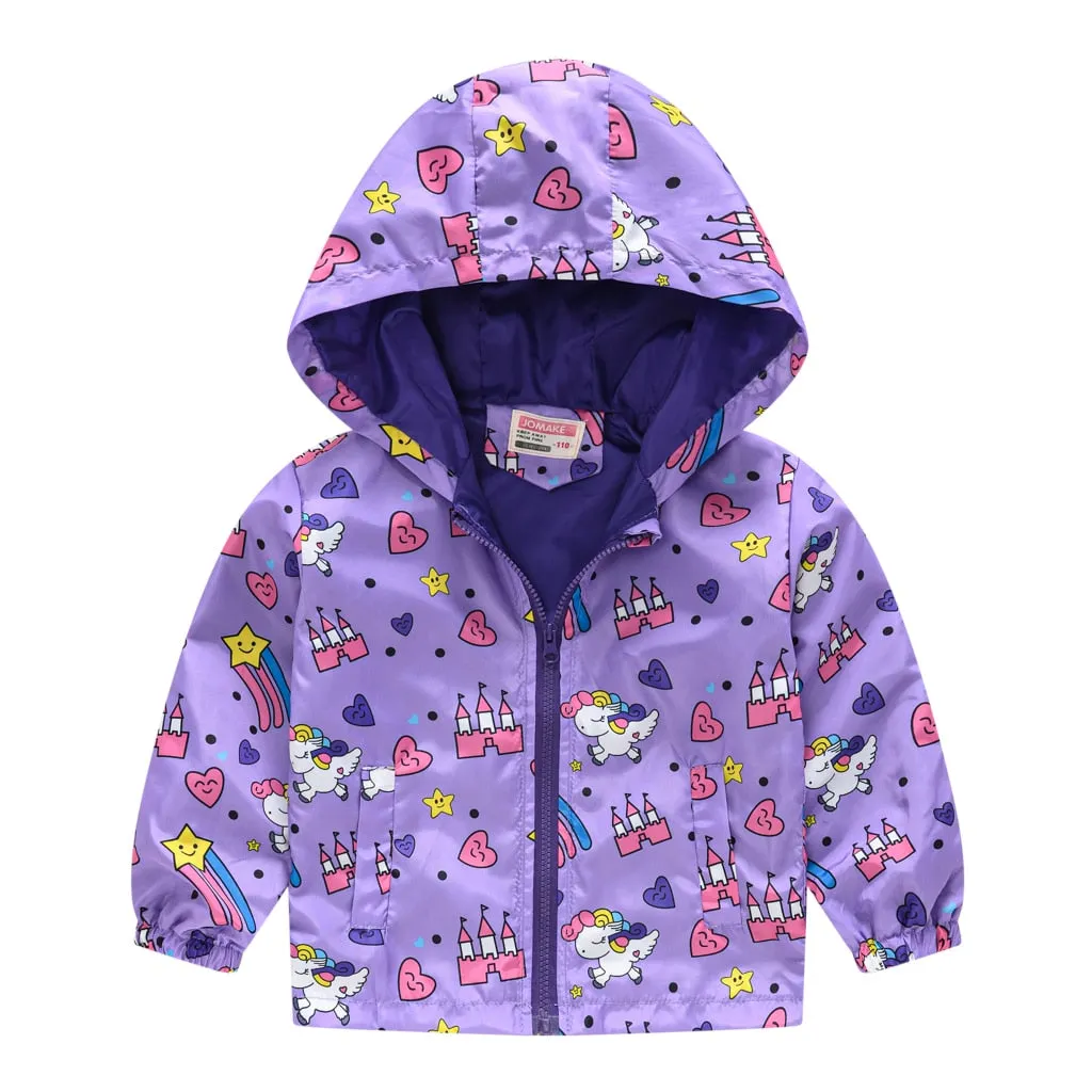 Kids Girls Colorful Cartoon Prints Windproof Hooded Jackets