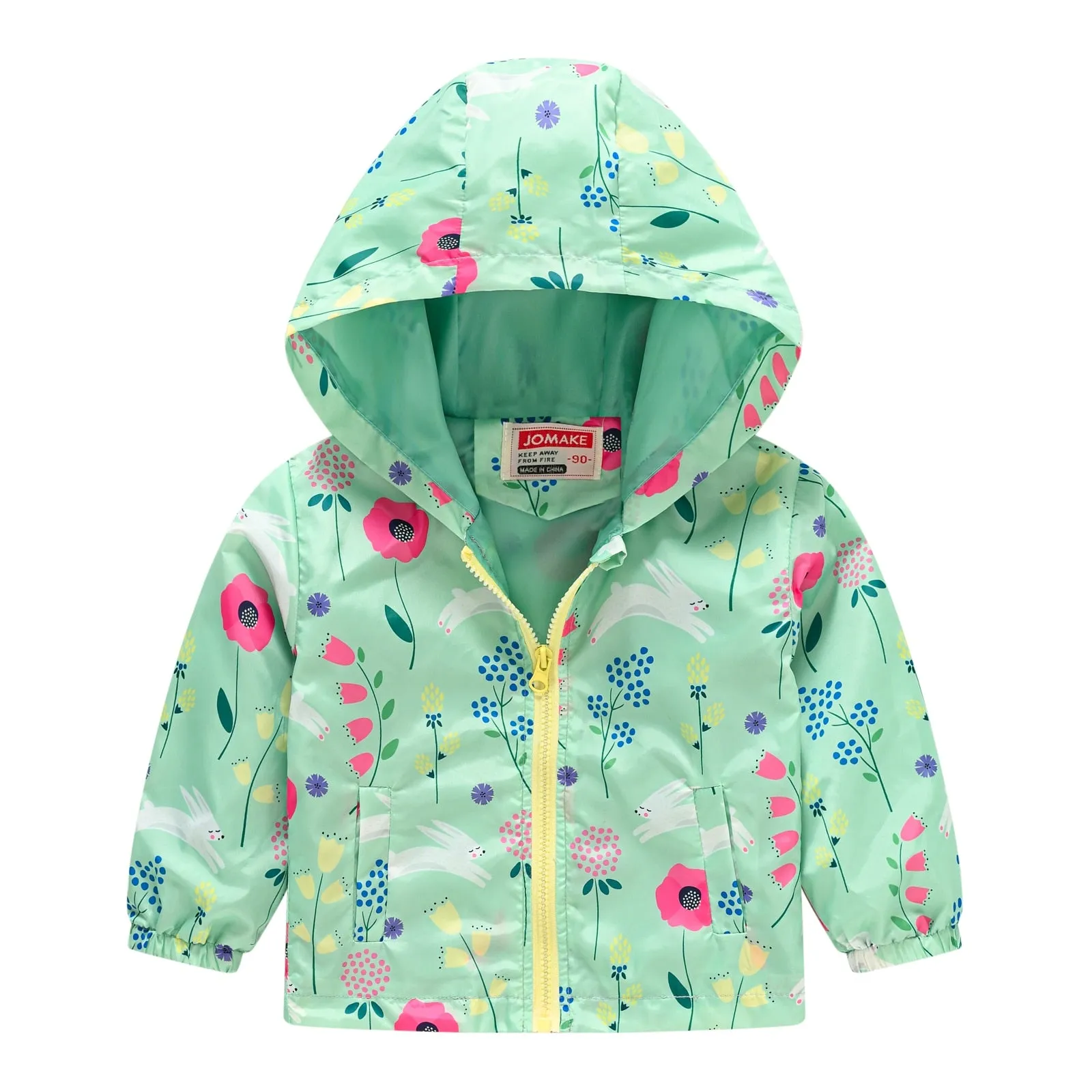Kids Girls Colorful Cartoon Prints Windproof Hooded Jackets