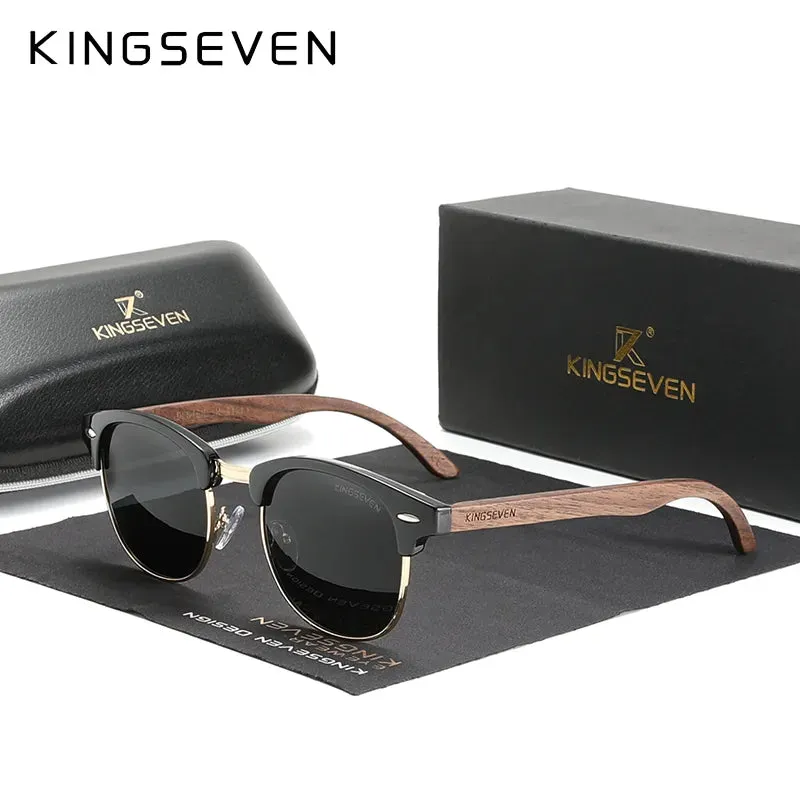 KINGSEVEN 2023 Quality Upgrade Walnut Wooden Sunglasses Men Polarized Semi-Rimless UV400 Protection Retro Eyewear Women