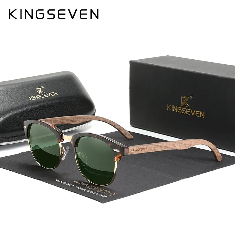 KINGSEVEN 2023 Quality Upgrade Walnut Wooden Sunglasses Men Polarized Semi-Rimless UV400 Protection Retro Eyewear Women