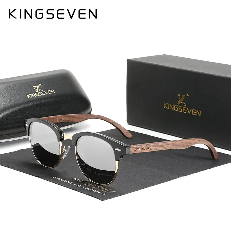 KINGSEVEN 2023 Quality Upgrade Walnut Wooden Sunglasses Men Polarized Semi-Rimless UV400 Protection Retro Eyewear Women