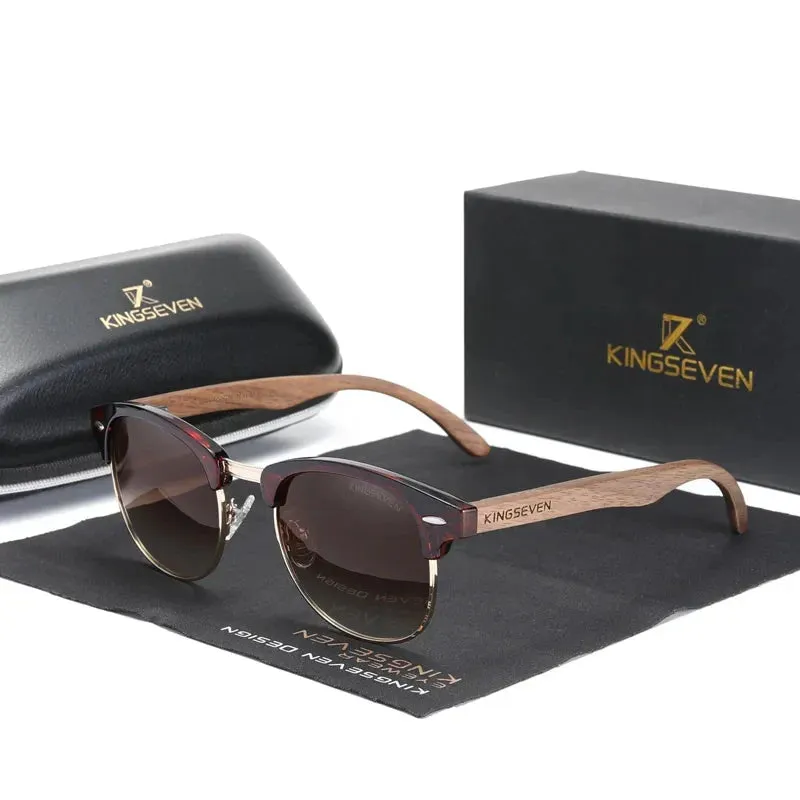 KINGSEVEN 2023 Quality Upgrade Walnut Wooden Sunglasses Men Polarized Semi-Rimless UV400 Protection Retro Eyewear Women