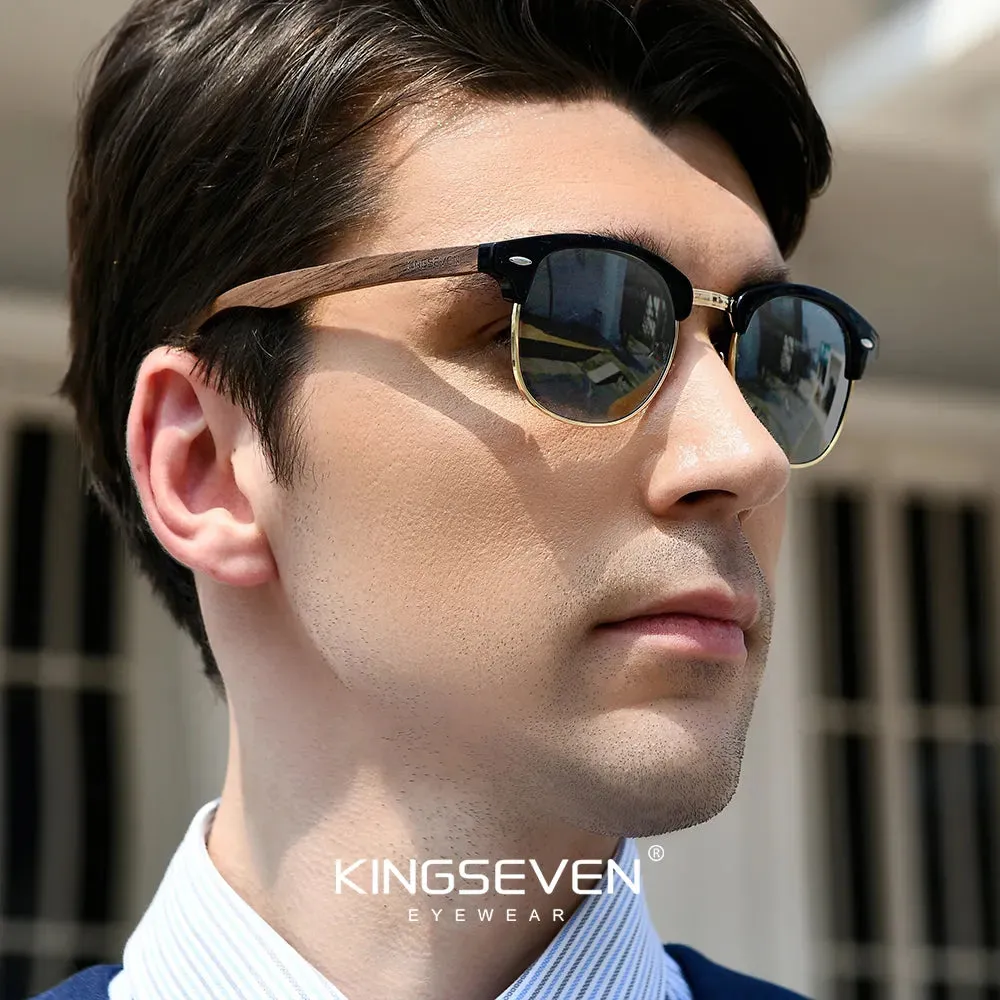 KINGSEVEN 2023 Quality Upgrade Walnut Wooden Sunglasses Men Polarized Semi-Rimless UV400 Protection Retro Eyewear Women