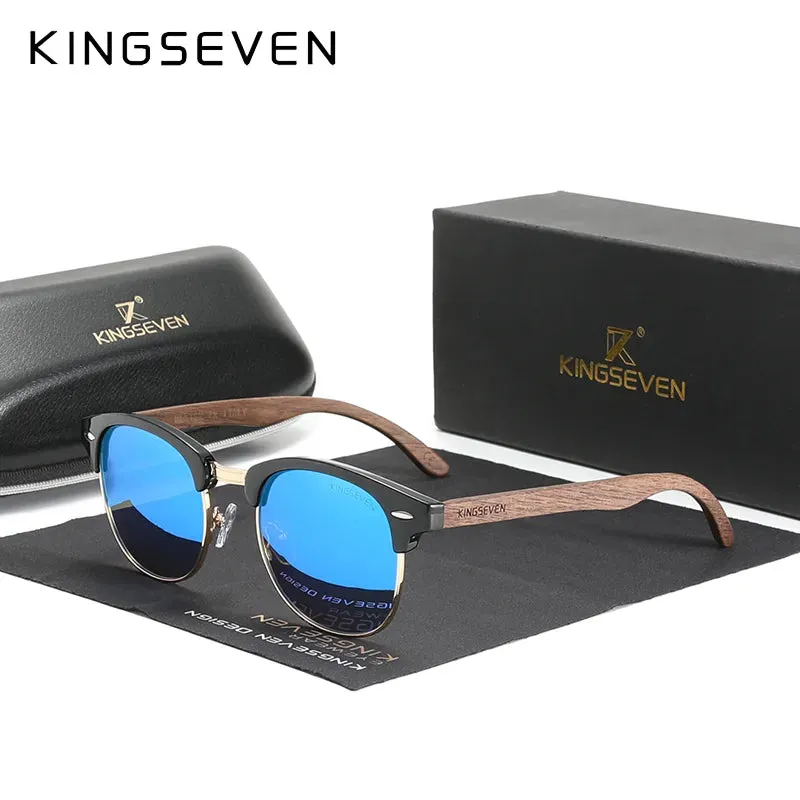 KINGSEVEN 2023 Quality Upgrade Walnut Wooden Sunglasses Men Polarized Semi-Rimless UV400 Protection Retro Eyewear Women
