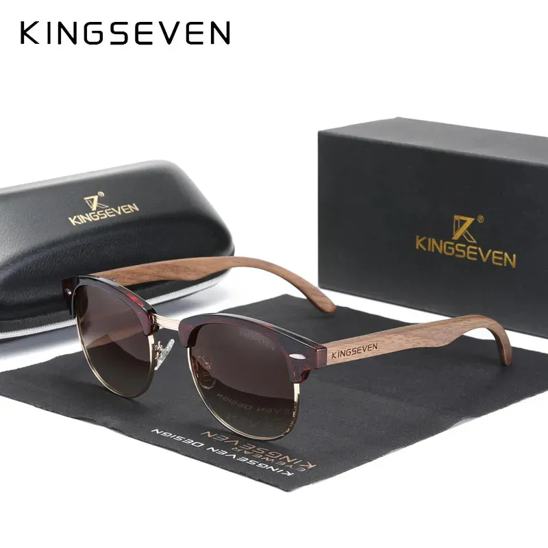 KINGSEVEN 2023 Quality Upgrade Walnut Wooden Sunglasses Men Polarized Semi-Rimless UV400 Protection Retro Eyewear Women