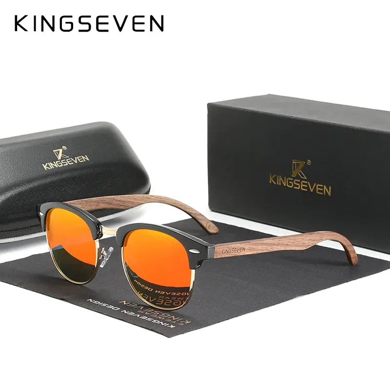KINGSEVEN 2023 Quality Upgrade Walnut Wooden Sunglasses Men Polarized Semi-Rimless UV400 Protection Retro Eyewear Women