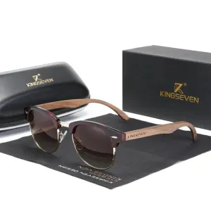 KINGSEVEN 2023 Quality Upgrade Walnut Wooden Sunglasses Men Polarized Semi-Rimless UV400 Protection Retro Eyewear Women