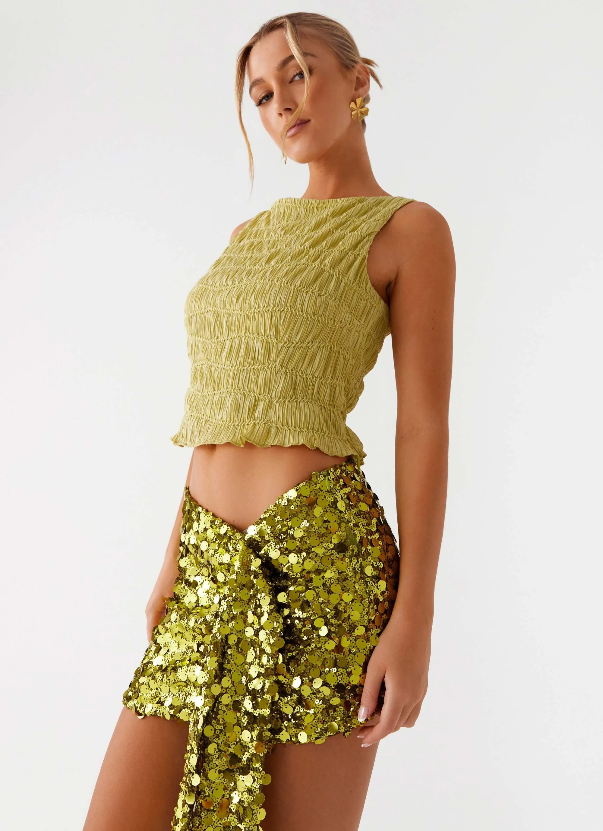 Lights On Sequin Mini Skirt - Olive Soft Finish