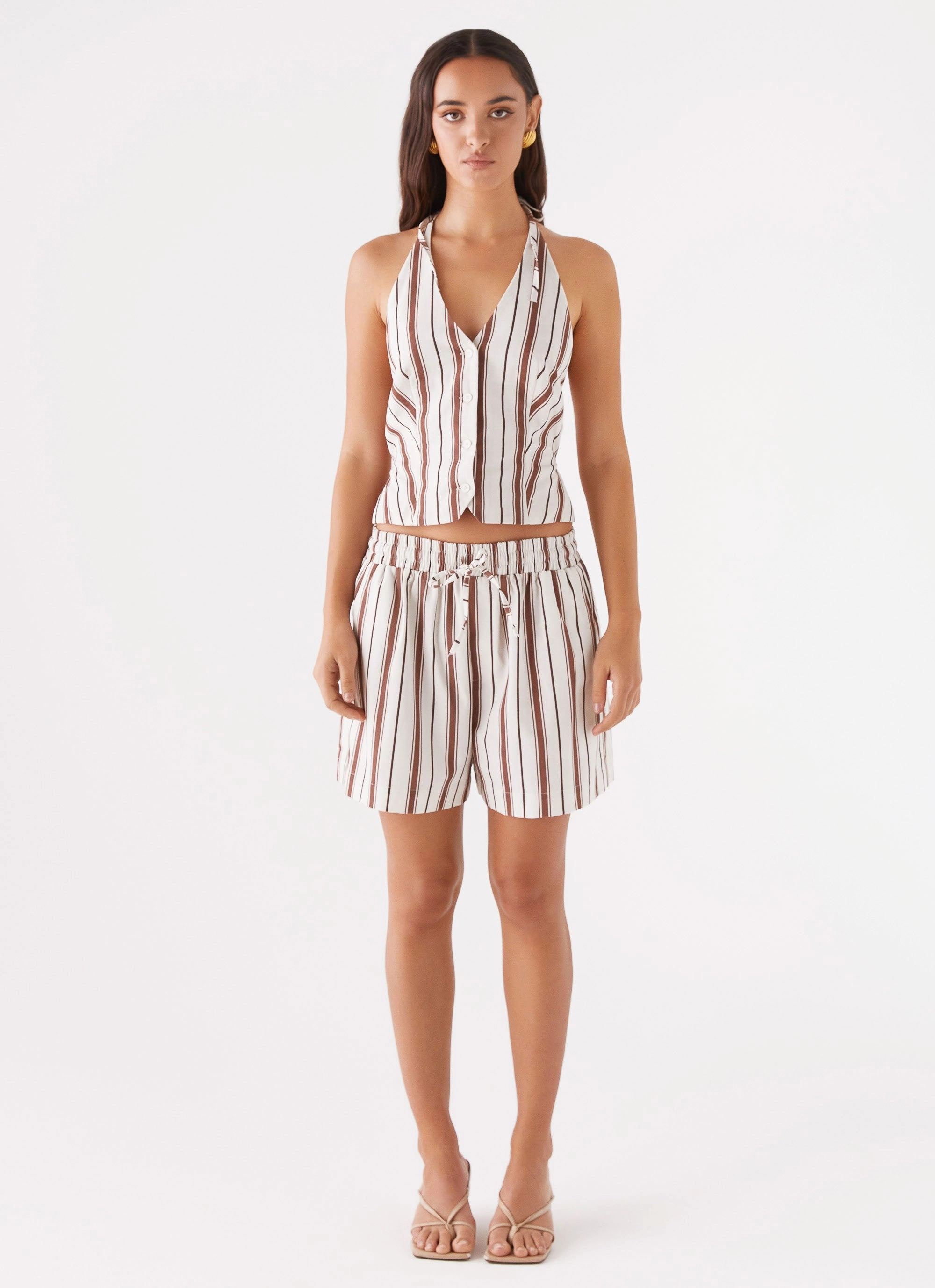 Utility Fit Kristen Linen Drawstring Shorts - Brown Stripe