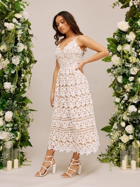 Soft Tone Lace Strappy Midi Bridal Dress / White