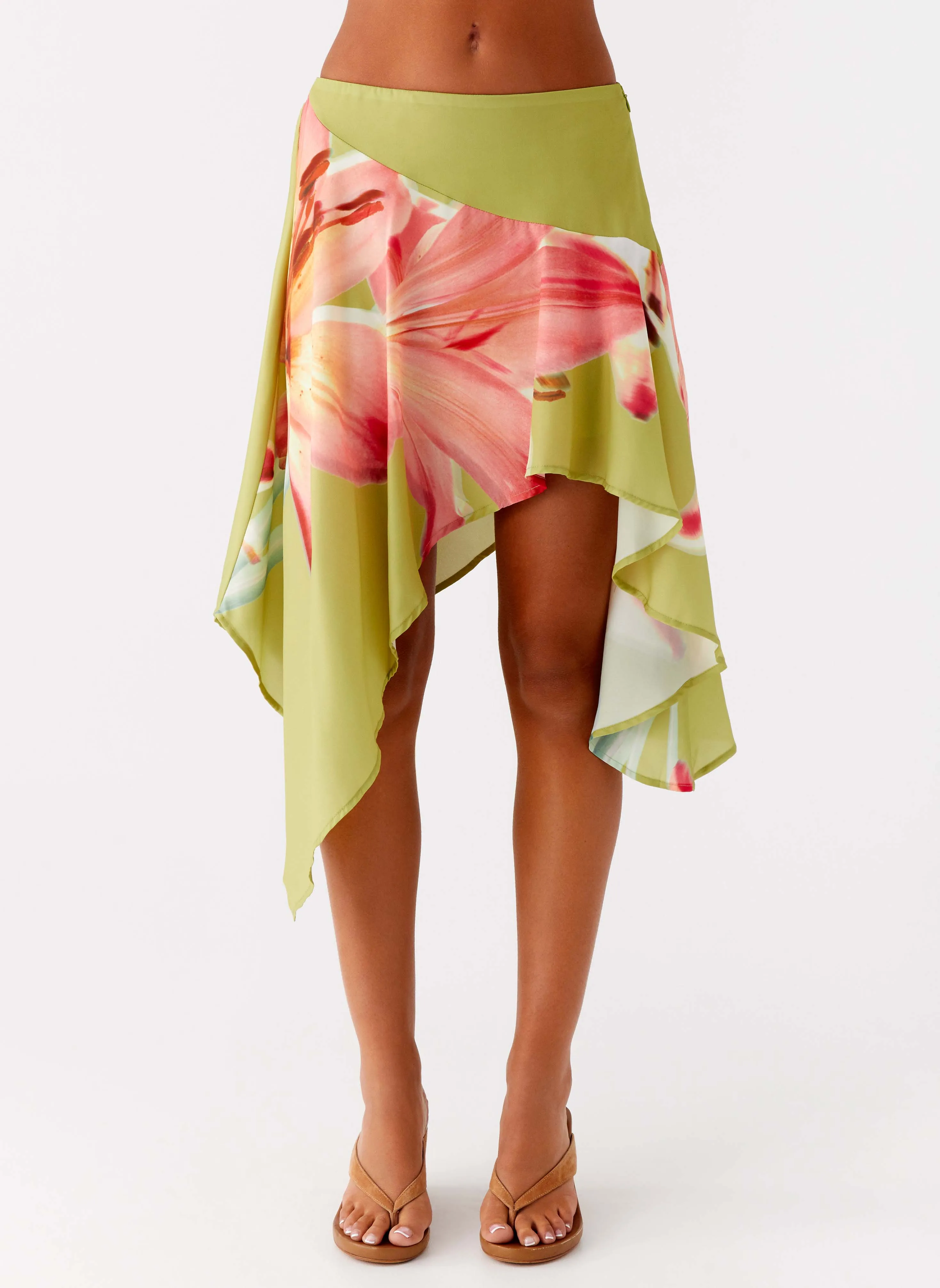 Kia Low Rise Asymmetrical Midi Skirt - Jungle Floral Daily Essential