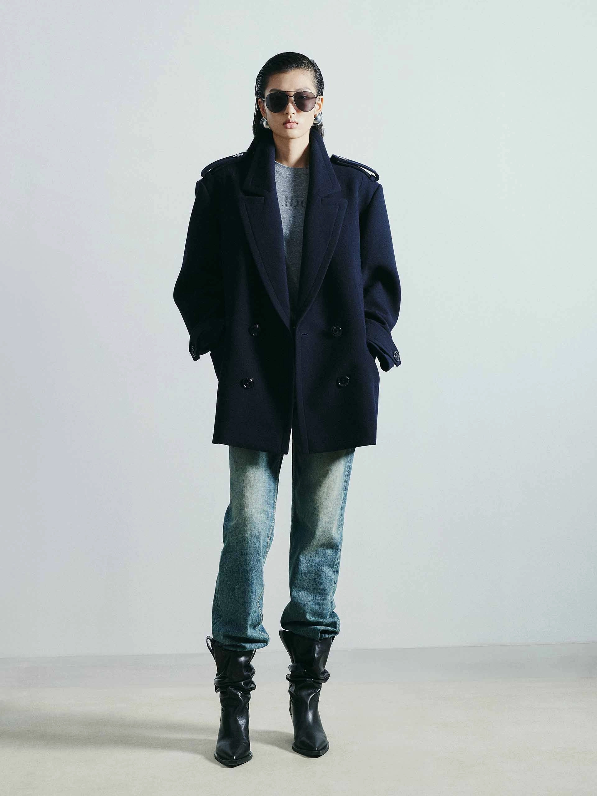 Lapel Collar Wool Coat Urban Explorer Look Elastic Hem Adjustment