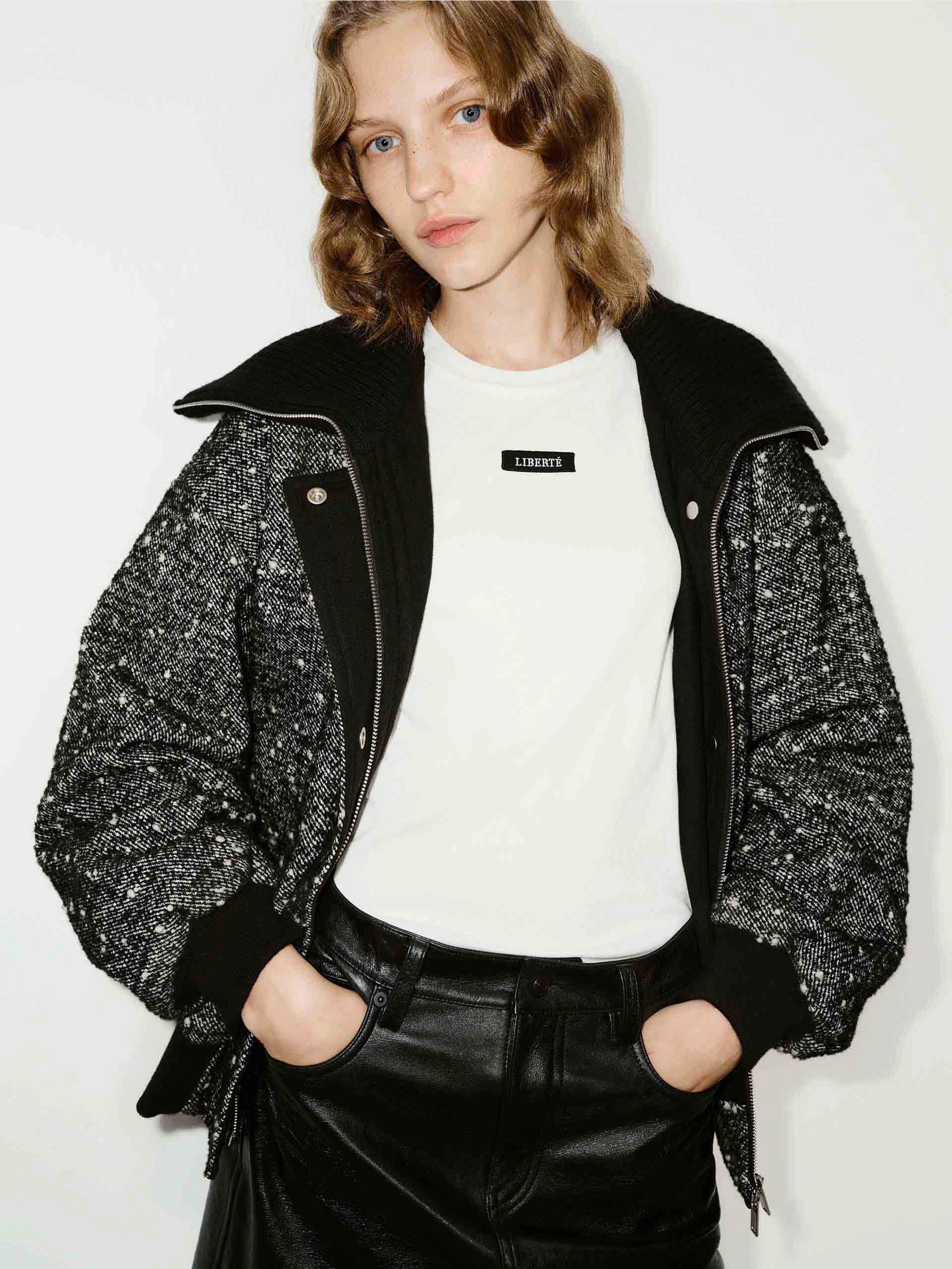 Lapel Marled Textured Jacket Stretchable Material EcoFriendlyInsulation