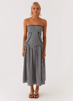 Elegant Flow Smooth Curve Larnie Midi Dress - Black Gingam