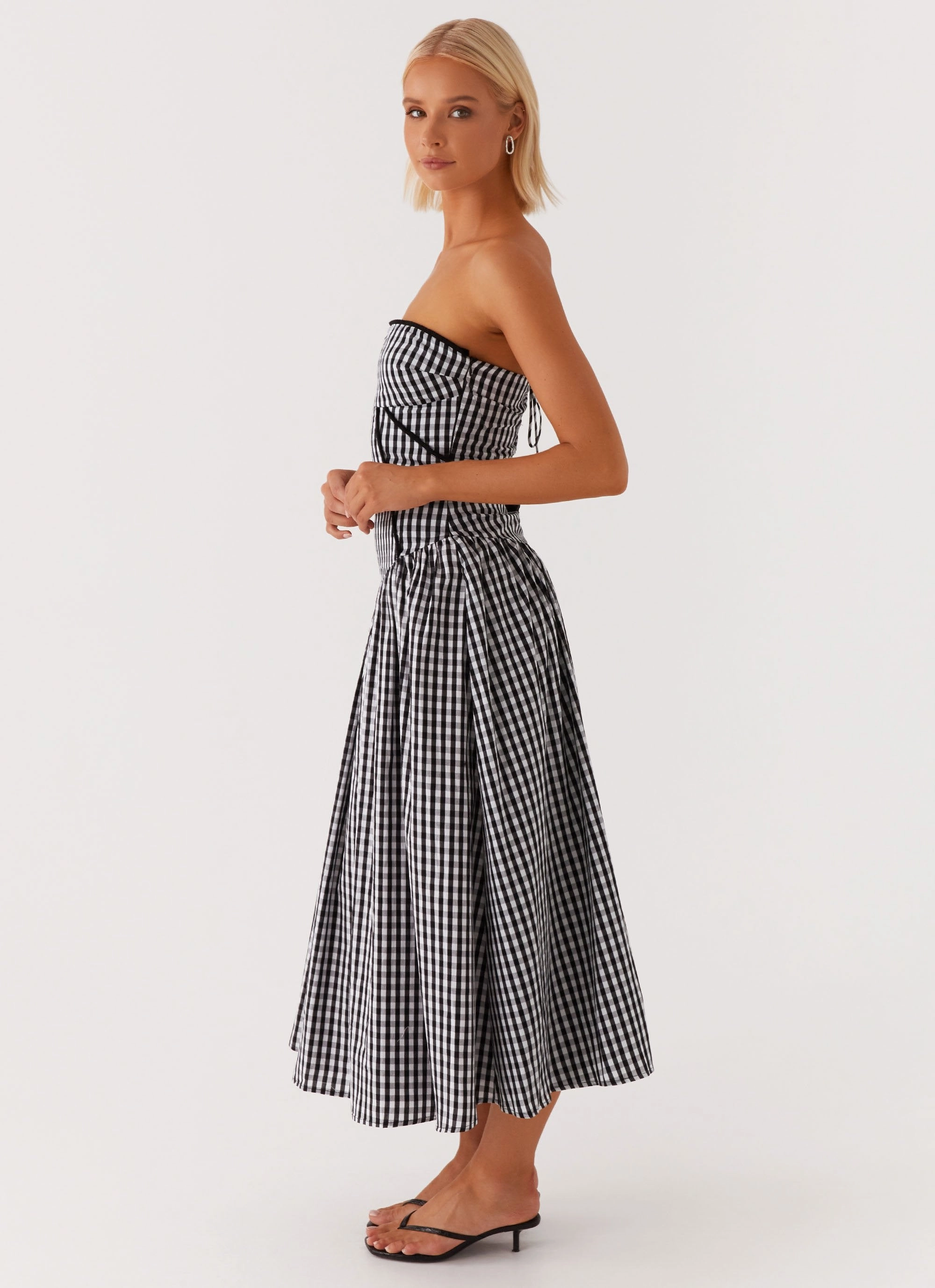 Larnie Midi Dress - Black Gingam Asymmetric-Neck