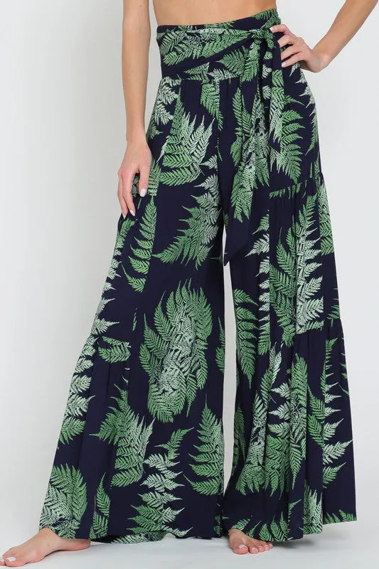 Laura Tropical Print Front Tie Wide Leg Pants Navy