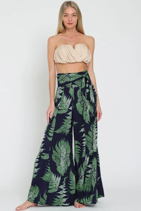 Laura Tropical Print Front Tie Wide Leg Pants Navy