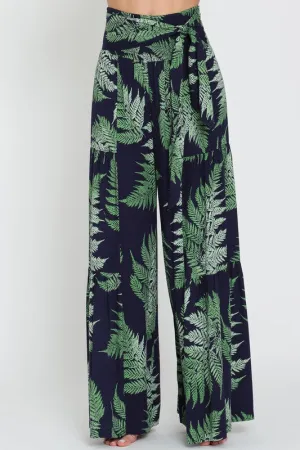 Laura Tropical Print Front Tie Wide Leg Pants Navy