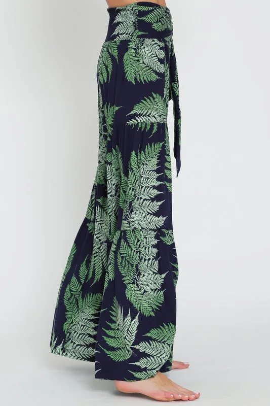 Laura Tropical Print Front Tie Wide Leg Pants Navy
