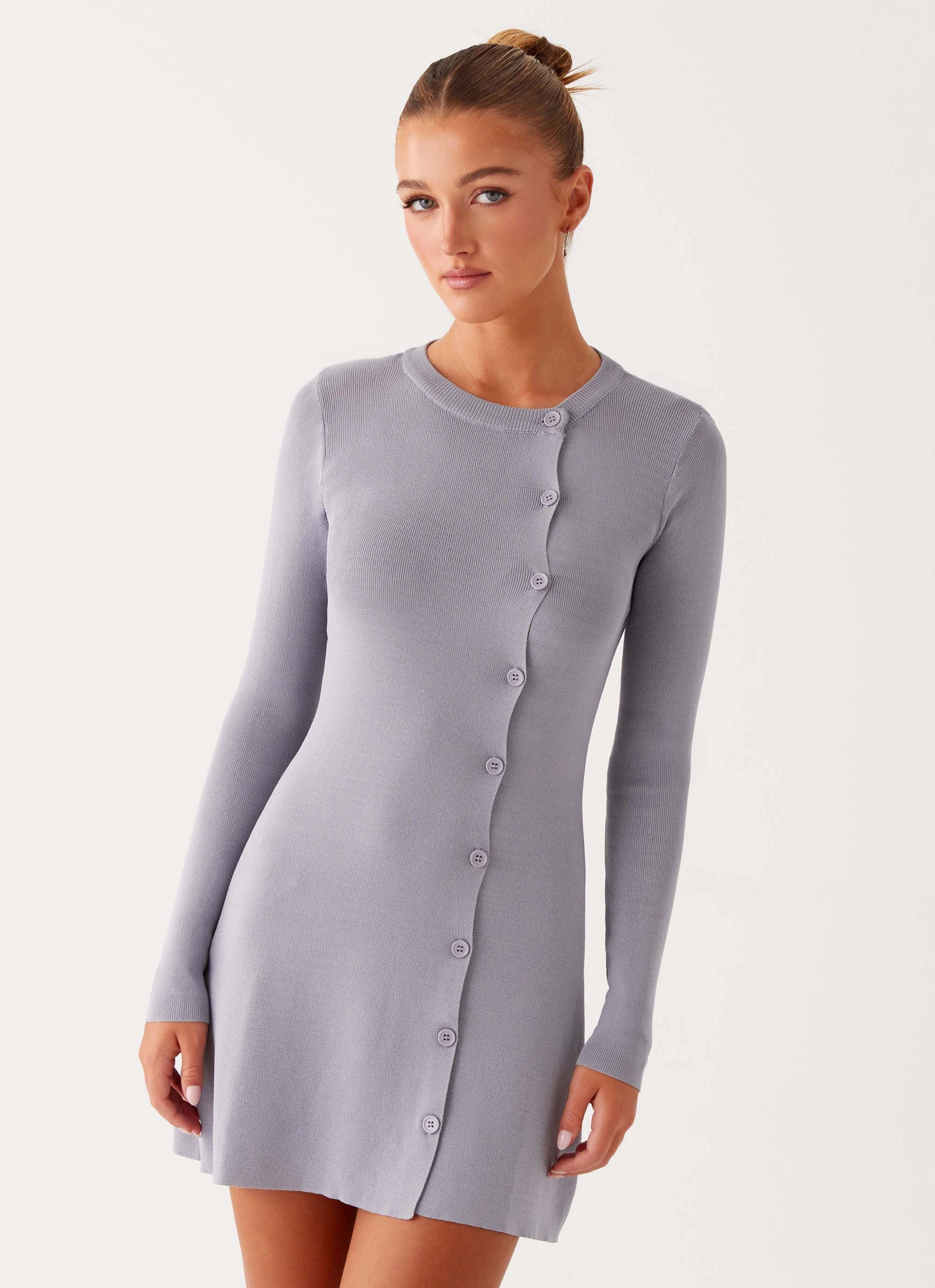 Polished office dress Modern Lines Not One Time Long Sleeve Knit Mini Dress - Grey