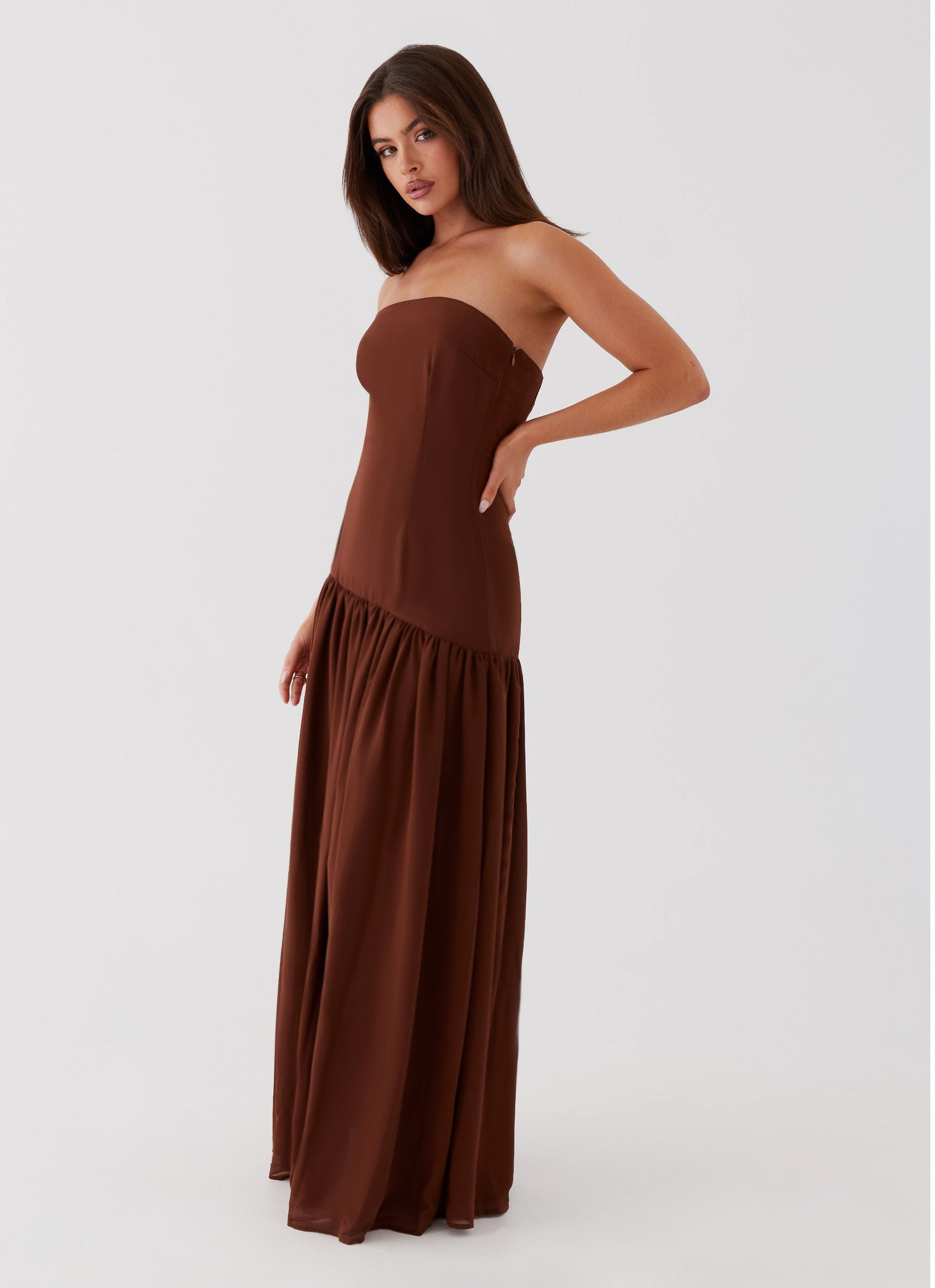 Light And Airy Satin Glow Eden Strapless Maxi Dress - Brown